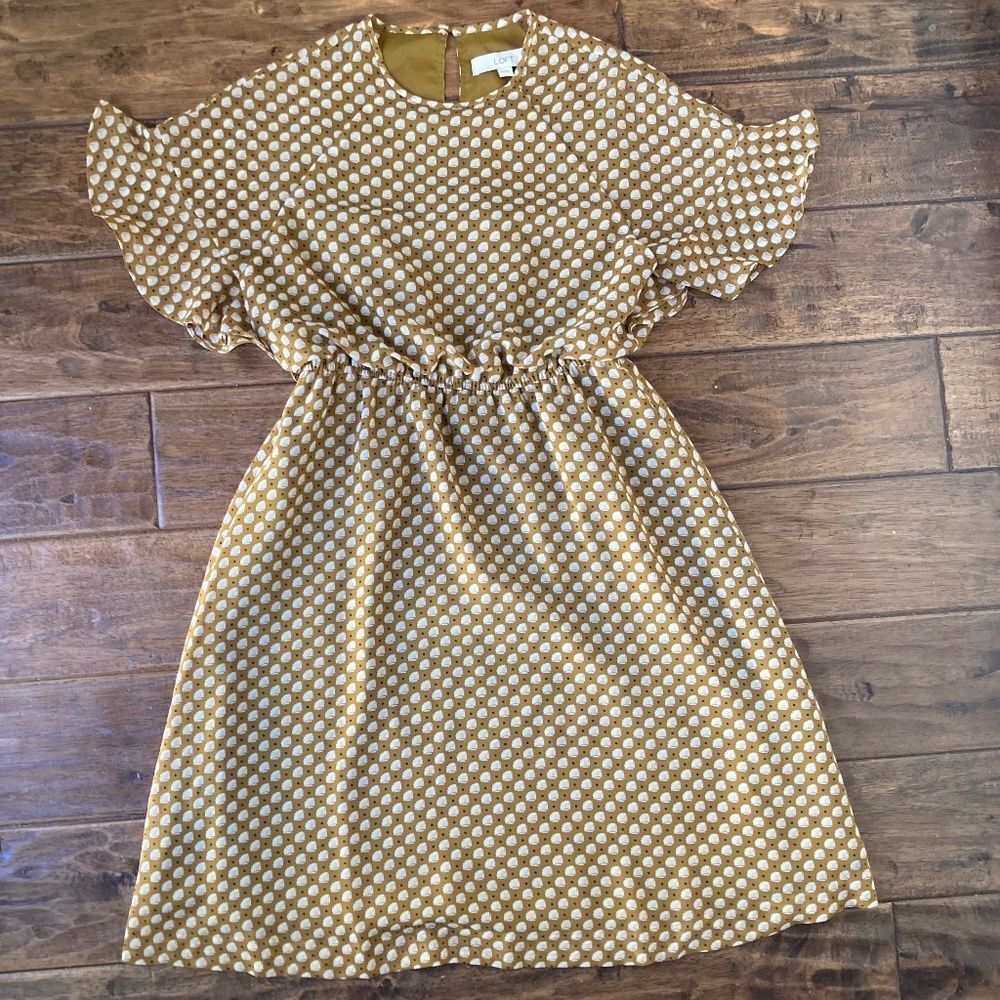 LOFT Clam Shell XS Dress Belted Waist Brown Mustard Short Flutter Sleeve